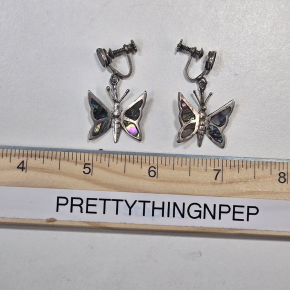 Sterling Silver Butterfly Clip-On Earrings Screwback Abalone Shell Inlay Dainty - Picture 2 of 7